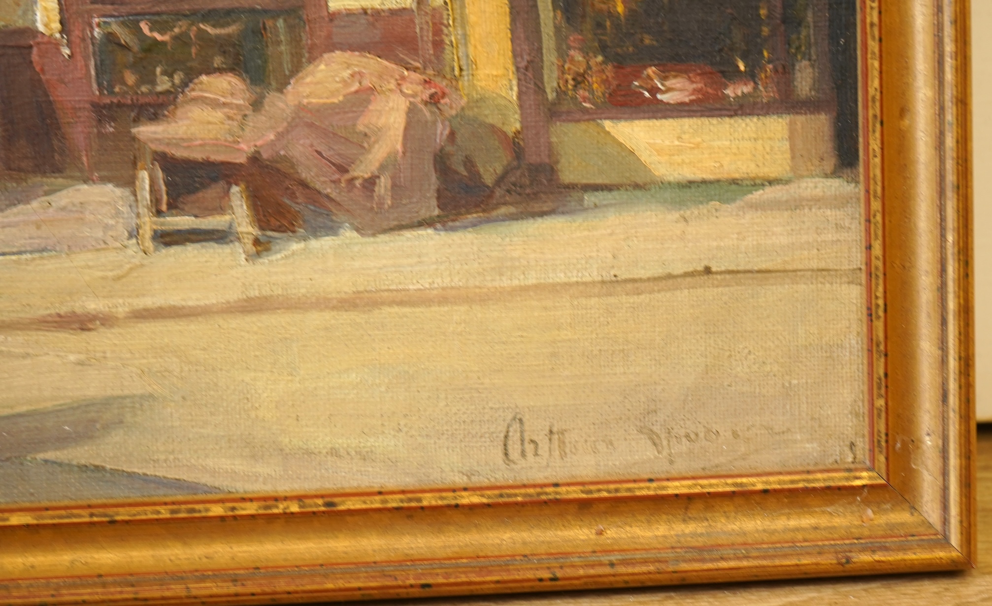 Arthur Spooner (1873-1962), British street scene, signed, oil on canvas board, 30 x 36.5cm, Provenance - Artists summer studio, East coast., Provenance - Summer studio, East coast.
